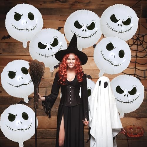 Halloween Skull Balloons Set, 18 Inch White Smiley Face Skull Mylar Foil Balloons Kit for Kids Horror Before Day of the Dead Trick or Treat Christmas Party Decorations Supplies