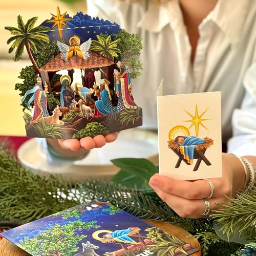 Freshcut Paper Mini Starlit Nativity Pop Up Card - 6 Inch Holiday Scene, Reusable Christmas Greeting Card & Envelope