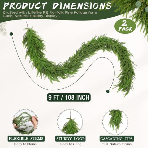Lreoxa 2 Pack 9FT Artificial Norfolk Pine Garland - Lush Realistic Holiday Decor