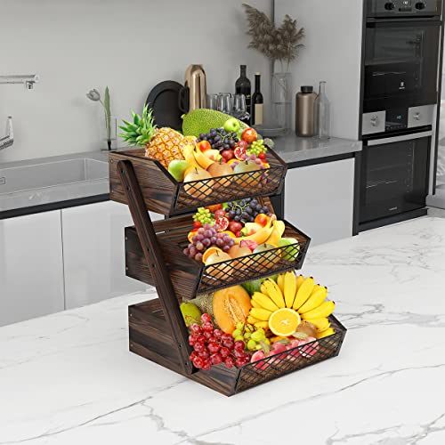 Dorhors 3-Tier Fruit Basket for Kitchen Counter Organizer, Metal Mesh & Wood Stand