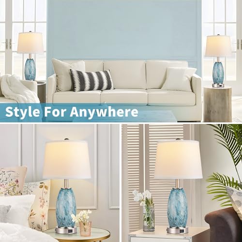 Light Blue Coastal Modern 23.5-Inch Table Lamps Set of 2 with USB Charging Ports