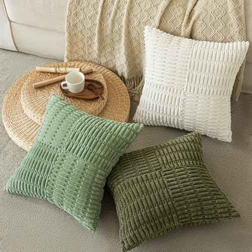Softalker 18x18 Throw Pillow Covers Cream, Set of 2 Soft Corduroy Boho Textured Modern Pillow Cases, Decorative Cushion Covers for Couch Patio Living Room Sofa Christmas Thanksgiving, Beige