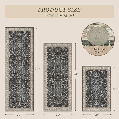 JTJ Set of 3 Black Boho Vintage Washable Non-Slip Kitchen Rugs 20x32 + 20x48 + 20x59 inches