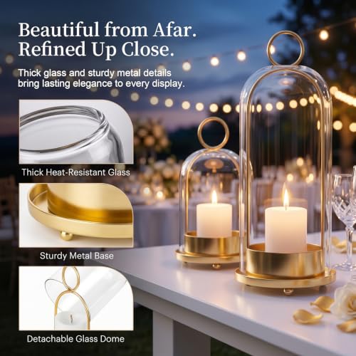 Gold Hurricane Glass Candle Holders Set of 2 - Metal Lanterns with Handmade Glass Domes