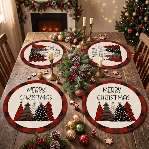 Niviy Christmas Tree Round Placemats Set of 4, 15 Inch Red Winter Table Decor