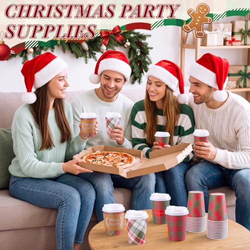 Mimorou 180Pcs 8oz Christmas Plaid Coffee Cups with Lids & Sleeves - Red Green