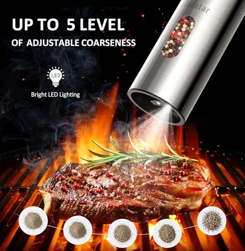 Zadelar Stainless Steel Rechargeable Electric Salt & Pepper Grinder Set with USB-C Charging, Adjustable Coarseness & LED Light