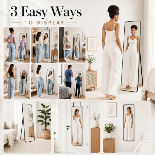 Black Full Length Floor Mirror 57x20 Inches, Freestanding & Wall Mountable