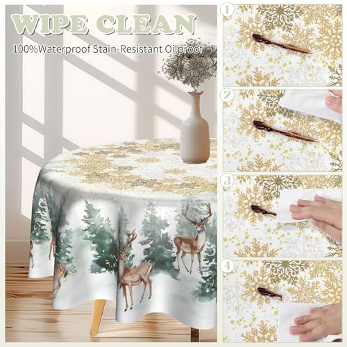 Imiss Winter Wonderland Reindeer Round Tablecloth 60in - Snowflake Pine Tree Christmas