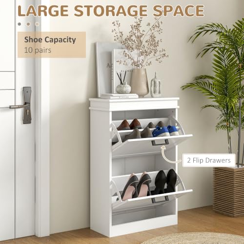 HOMCOM Narrow White Shoe Cabinet with 2 Flip Drawers - Entryway Storage