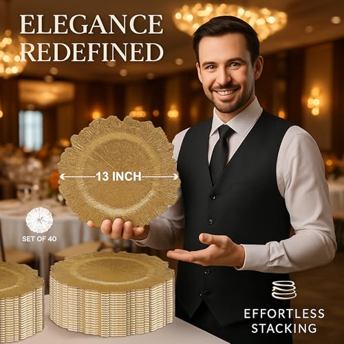 40 Pack Gold Charger Plates - 13'' Reef Design Round Plastic Tableware for Wedding & Party