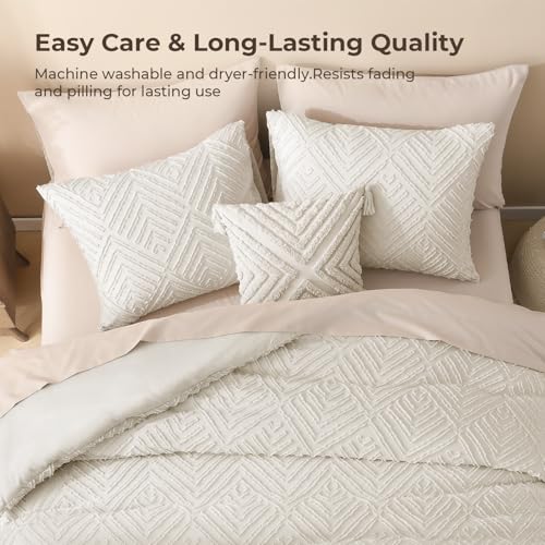 Oversized King Comforter Set - 3 Piece Boho Tufted Bedding in Beige - 120x98
