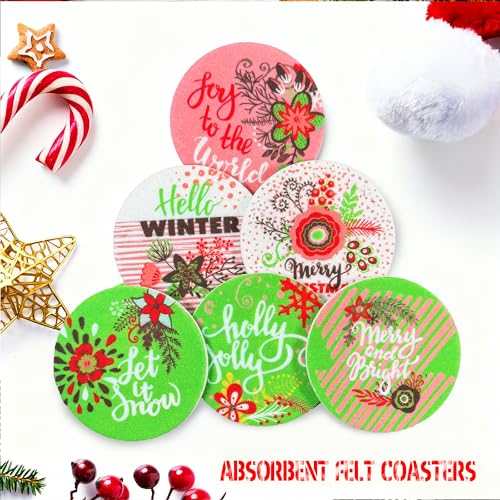 LIBERATECH 8977 Christmas Felt Coasters Set - Holiday Drink Protectors, 6 Pack