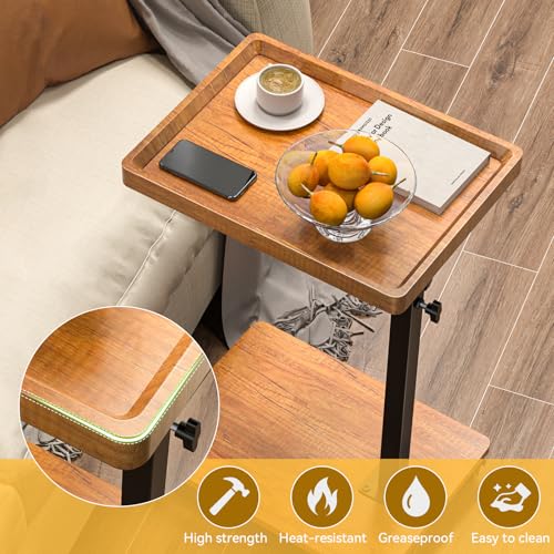 Adjustable Height Swivel C-Shaped Side Table with Wheels for Couch Bed or Living Room