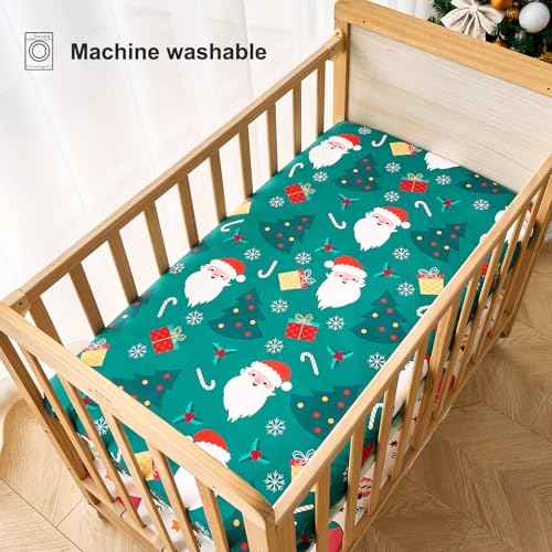 Christmas Crib Sheet for Baby Boys Girls 52 x 28 Inches Santa Claus Fitted Crib Sheets for Standard Crib and Toddler Mattress,Baby Sheet Newborn Bedding Nursery Mattress Cover Soft Green Fitted Sheet
