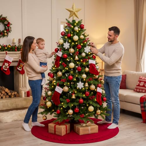 Benjia 60 Inch Red Knitted Christmas Tree Skirt for Large Artificial Trees