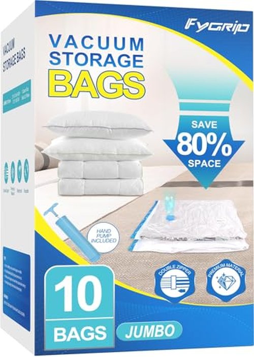 Fygrip Vacuum Storage Bags with Hand Pump, Plastic Packaging Bags, 80% Space Saver Vacuum Seal Bags for Clothing, Travel Lugggage, Blankets, Comforters, 10 Small