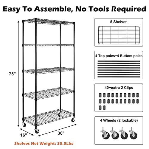 5-Tier Heavy Duty Wire Shelving Unit with Wheels - 36"D x 16"W x 75"H, Adjustable Storage Rack
