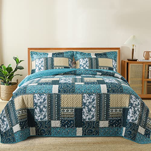 Bedifany Dreamland Blue King Quilt Set - 100% Cotton Cover + Filling, Lightweight All-Season 3-Piece