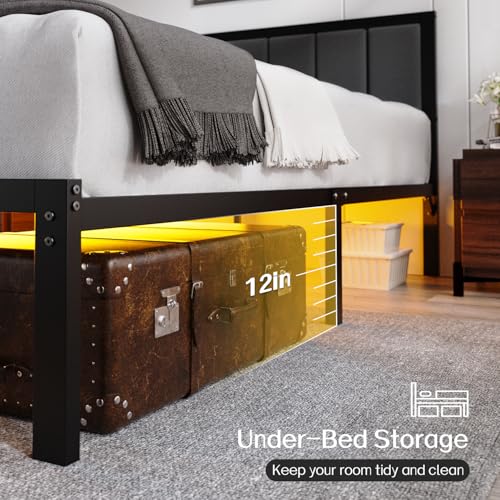 Queen Bed Frame with Headboard, Smart LED & Charging Station - OLEVS