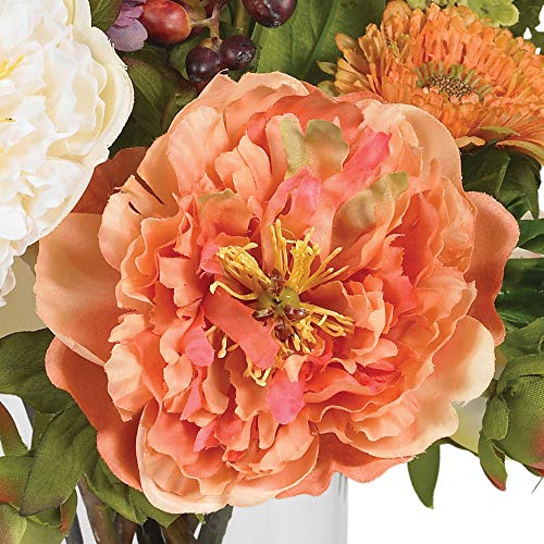 Artificial Peony Arrangement in Glass Vase - 10 Inch Assorted Blooms, Decorative Faux Flower