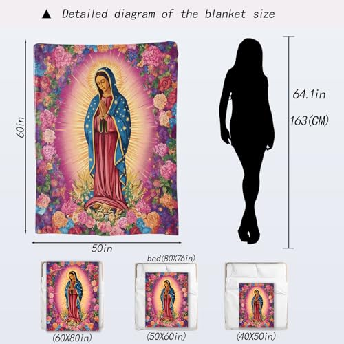 Our Lady of Guadalupe Fleece Blanket 60x80in Virgin Mary & Floral – Ultra Soft Throw