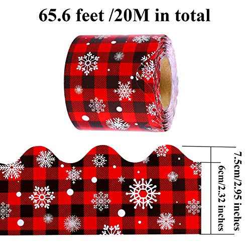 Elcoho Christmas Bulletin Board Border Red and Black Plaid with Snowflake Wave Border Trim for Classroom Decoration, 65.6 feet