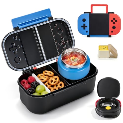 Kids Lunch Box with Thermo Container & Game Design - Blue-Red
