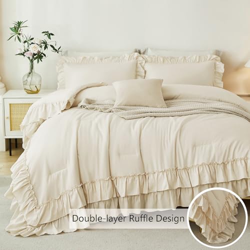 ANGIYUIN 5-Piece Queen Bedding Set Beige Double Ruffle Comforter Sheets