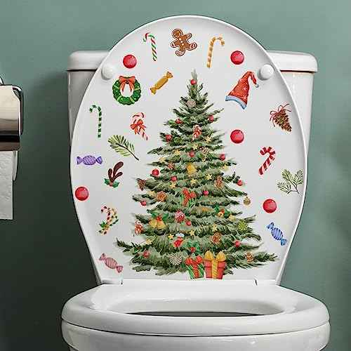 2 PCS Christmas Toilet Stickers Decals, Funny Snowman Xmas Tree Toilet Lid Tank Decals for Bathroom Decoration