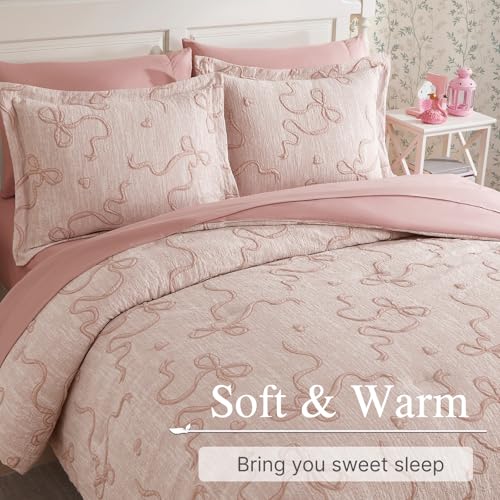 Full Pink Comforter Set for Girls - 7 Pieces Blush Bow Bed in a Bag
