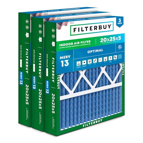 20x25x5 Air Filter MERV 13 Smoke & Allergy Defense - 3 Pack, Actual Size 19.88 x 24.75 x 4.38