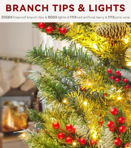 DWVO 9ft Pre-Lit Christmas Tree with Pine Cones & Red Berries, 2058 Tips, 900 Lights, Green with Pine Cone & 8ft 11in Variation