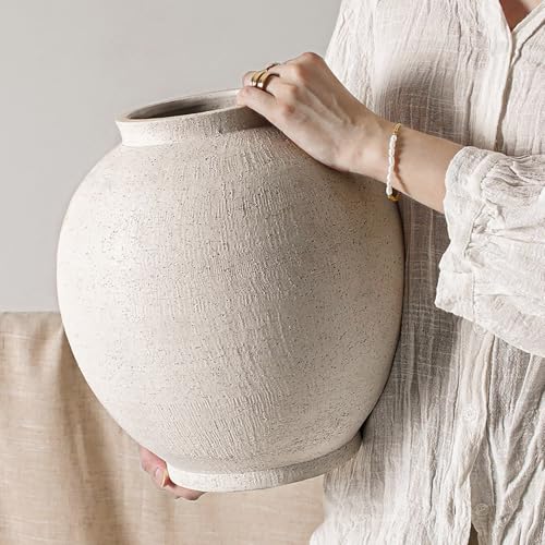 Kora Sandstone White Large Ceramic Floor Vase 12.5 Inch Farmhouse Home Decor
