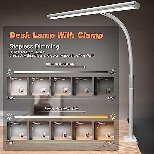 Airlonv White LED Desk Lamp with Clamp, 17-inch Stepless Dimming, Flexible Gooseneck