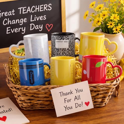 Back to School Colorful Teacher Mug Set of 6 - 10oz Ceramic Coffee Cups with Heart Handles