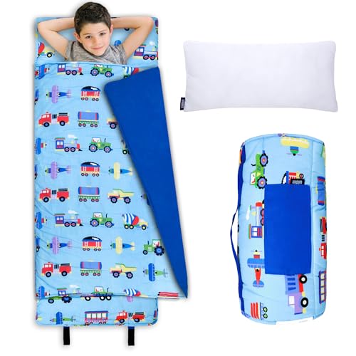 Wildkin Nap Mat with Pillow and Blanket - Trains, Planes, and Trucks Preschool Rest Mat