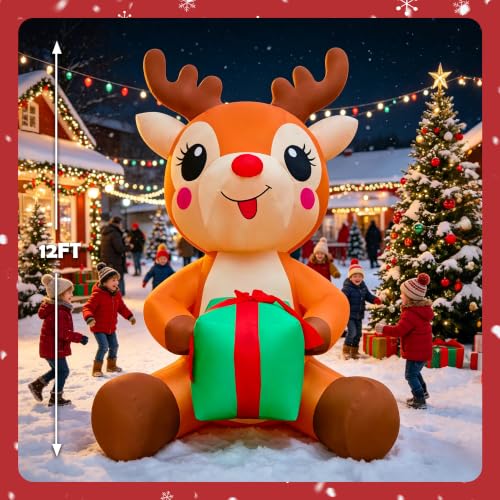 Christmas Reindeer 12ft Sitting Inflatable with Gift Box - EEkiiqi Outdoor LED Yard Decor