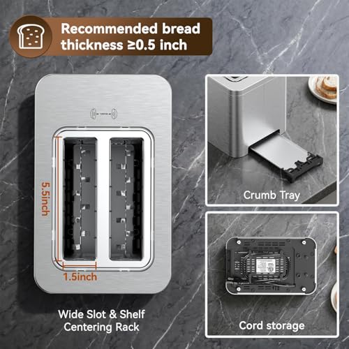 Mecity 2 Slot Smart Touchscreen Toaster - Brushed Stainless Steel Gray, Wide Slot, Auto Lift & Memory Function