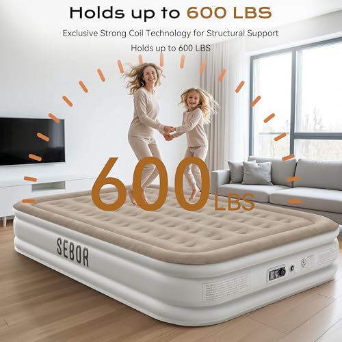 Sebor 13-inch Twin XL Air Mattress with Built-in Pump - Khaki White, Self-Inflating, Durable Guest & Camping Bed