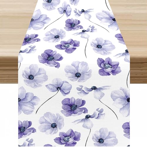 AAVEUP 13x36 Purple Flower Table Runner - Watercolor Nature Leaves, W13X L36