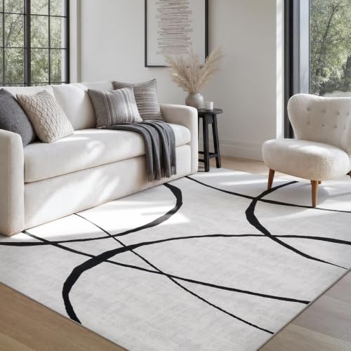 YIHOUSE 5x7 Washable Modern Abstract Black & White Area Rug - Curve