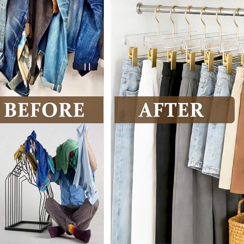 20 Pcs Clear Acrylic Hangers with Gold Clips for Clothes Closet Storage - Luxurious Skirt & Pants Hangers