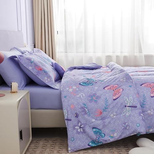 Kids Twin Comforter Set Butterfly Purple Bedding for Girls - 6 Pieces