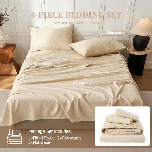 King Size Cotton Linen Bed Sheet Set with Deep Pockets - Natural Linen, 4 Piece