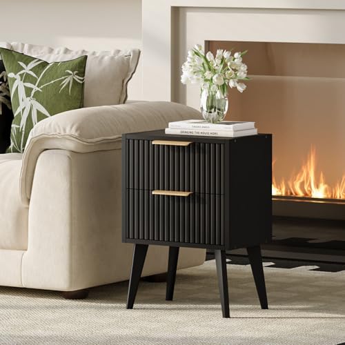 YAUKOMEL Fluted Nightstand with 2 Drawers - Black Bedside Table, Modern Design
