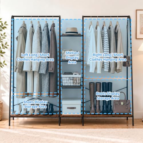 Black Clothes Rack with 6 Wooden Shelves & 2 Hanging Rods - Heavy Duty Freestanding Wardrobe