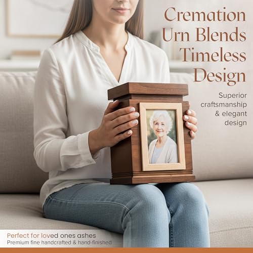 Wooden Ashes Keepsake Urn with Photo Frame - Large Walnut Adult Memorial - 6.5x6.5x11 Inches
