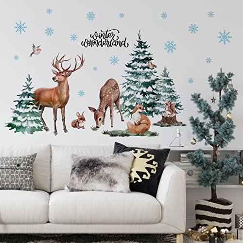 Mfault Winter Christmas Forest Deer Wall Decals Stickers, Xmas Wonderland Pine Tree Animals Elk Squirrel Rabbit Nursery Christmas Decorations Kids Bedroom Art, Snowflakes Baby Boys Girls Room Decor