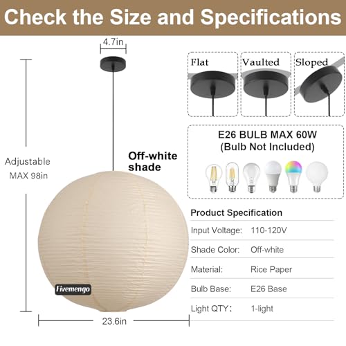 Fivemengo Off-White 23.6in Paper Pendant Light with Adjustable Cord & Canopy — Modern Ceiling Lamp